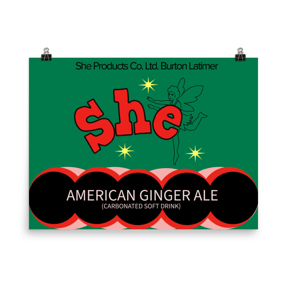 18” x 24” Vintage Inspired, Digitally Illustrated Product Label Art, She Products Co. American Ginger Ale, Retro Poster