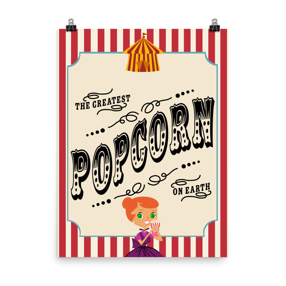 18” x 24” Vintage Inspired, Digitally Illustrated Product Label Art, The Greatest Popcorn on Earth Under the Big Tent, Retro Poster