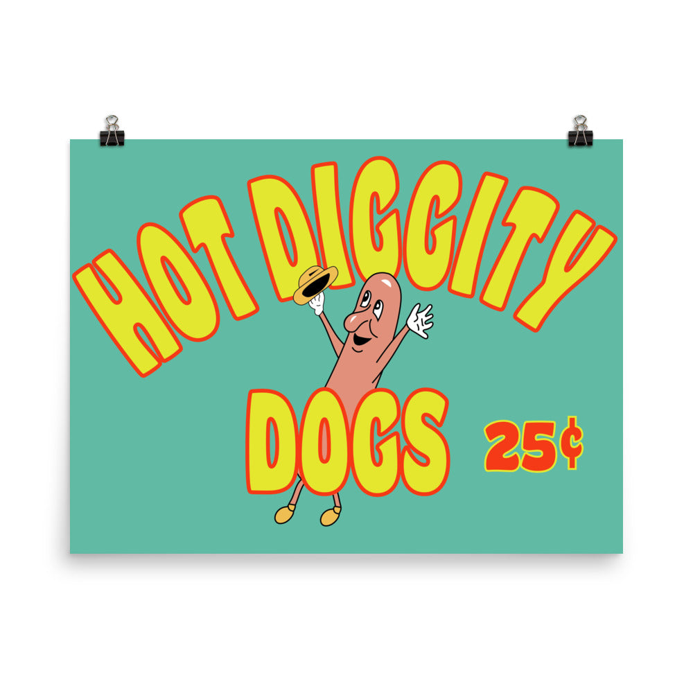18” x 24” Vintage Inspired, Digitally Illustrated Product Label Art, Hot Diggity Dog 25 Cent Hotdogs, Retro Poster