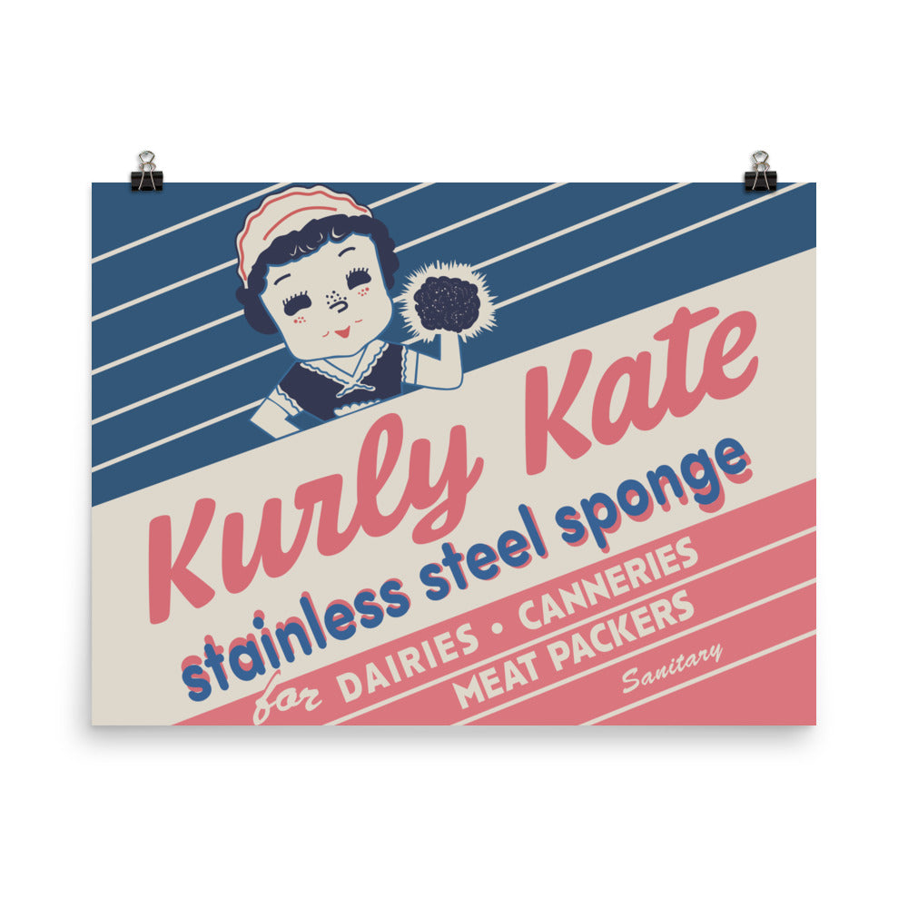 18” x 24” Vintage Inspired, Digitally Illustrated Product Label Art, Kurly Kate Stainless Steel Sponge, Retro Poster