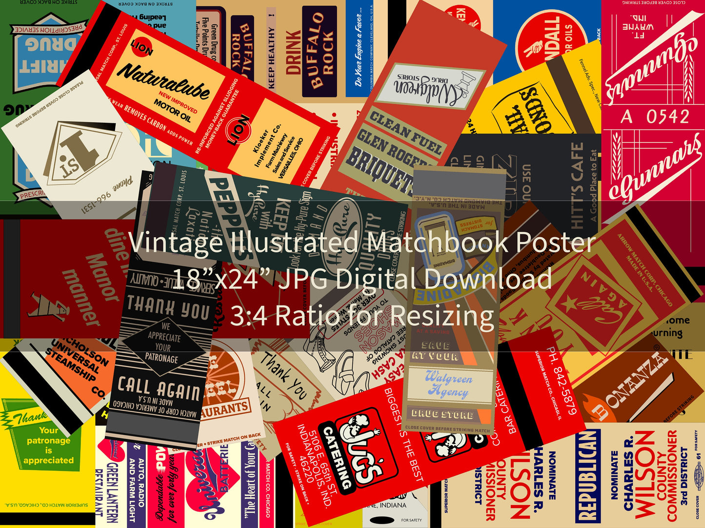 Vintage Illustrated Matchbook Collage Poster-Digital Download-18”x24”, 3:4 Ratio