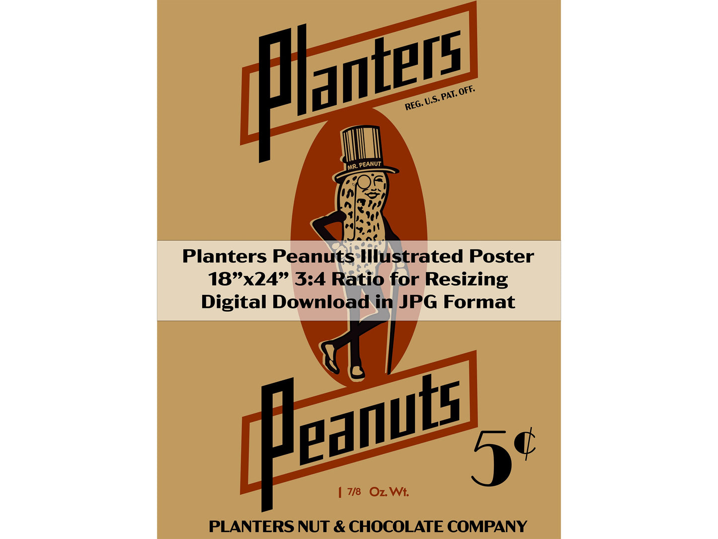 Vintage Planters Peanuts Illustrated Poster 18”x24” JPG File 3:4 Ratio