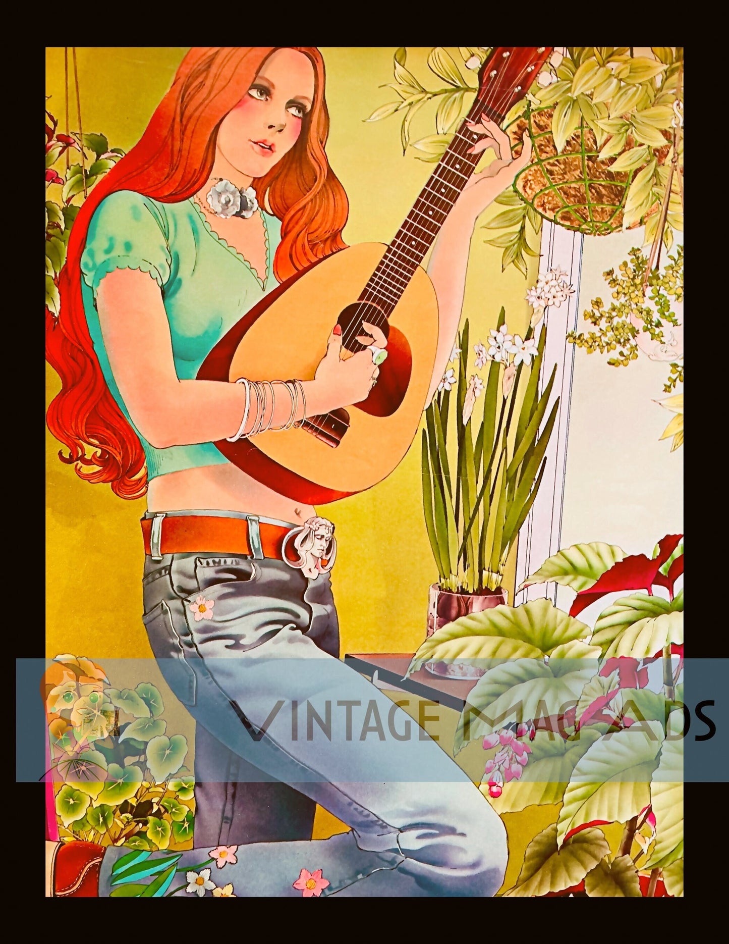 Beautiful 1970's Vintage Art Digital Print Girl with Guitar and Plants