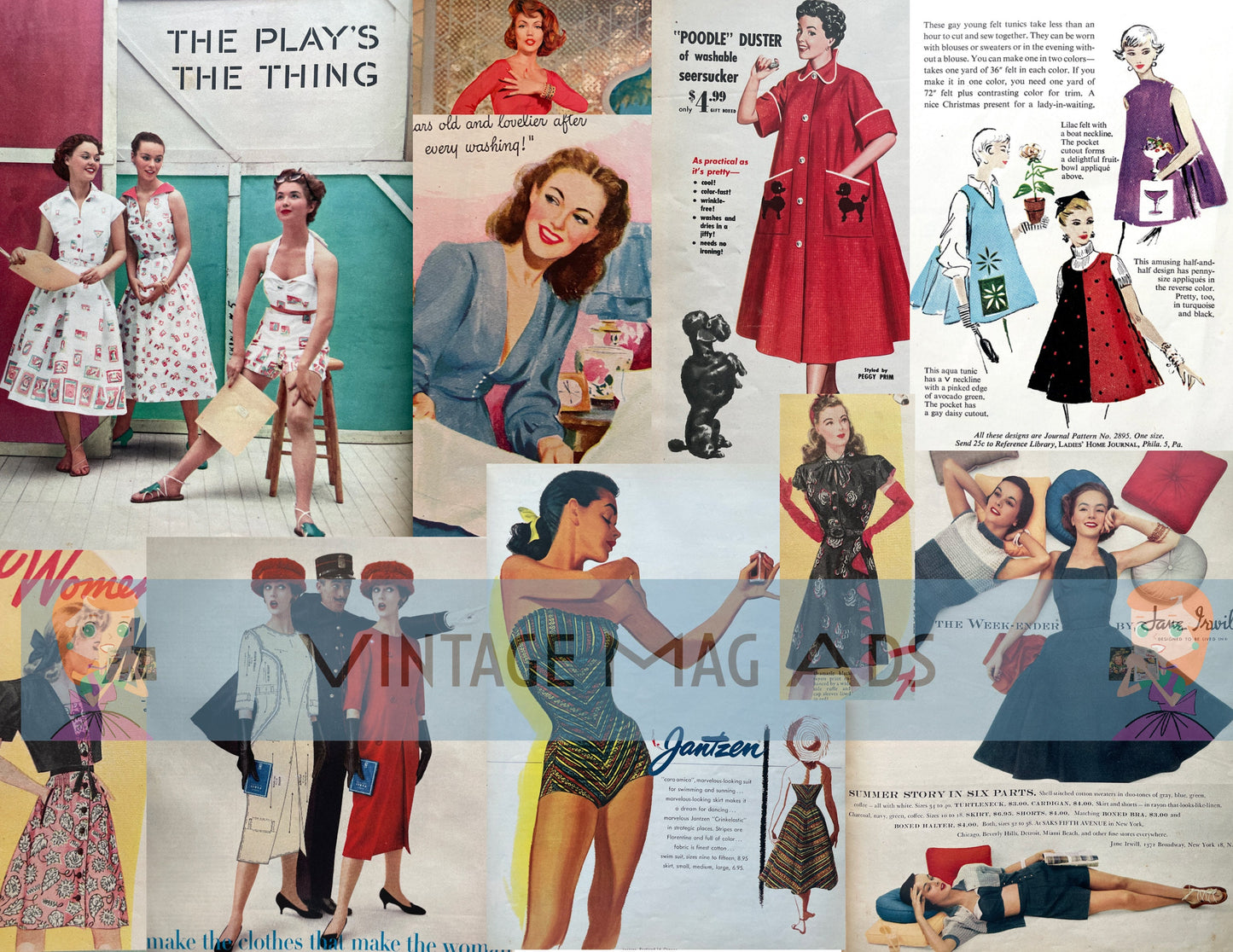 Vintage Magazine Advertisements Collage Sheet Midcentury Retro Fashion