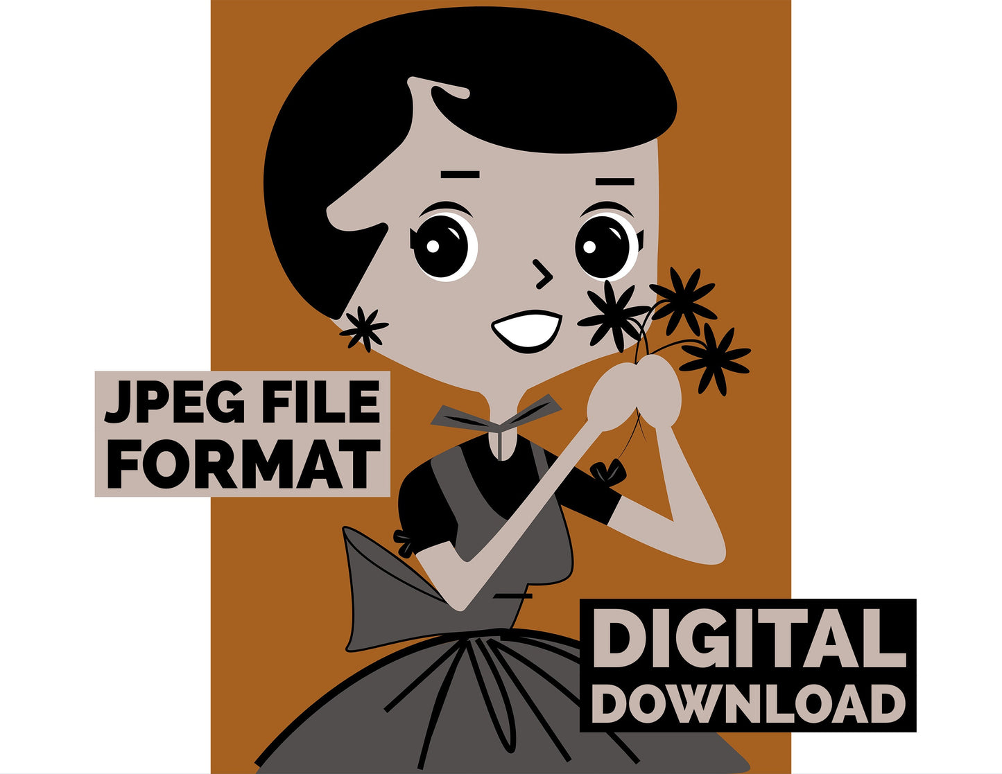 Digital Poster Download Vintage Housewife with Black Flowers Jpeg File Format