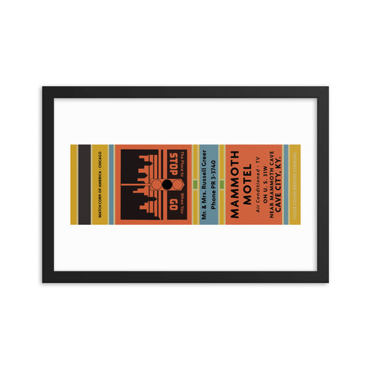 12”x18” Retro Framed Poster, Mammoth Motel, Mammoth Cave, Cave City, Kentucky Matchbook