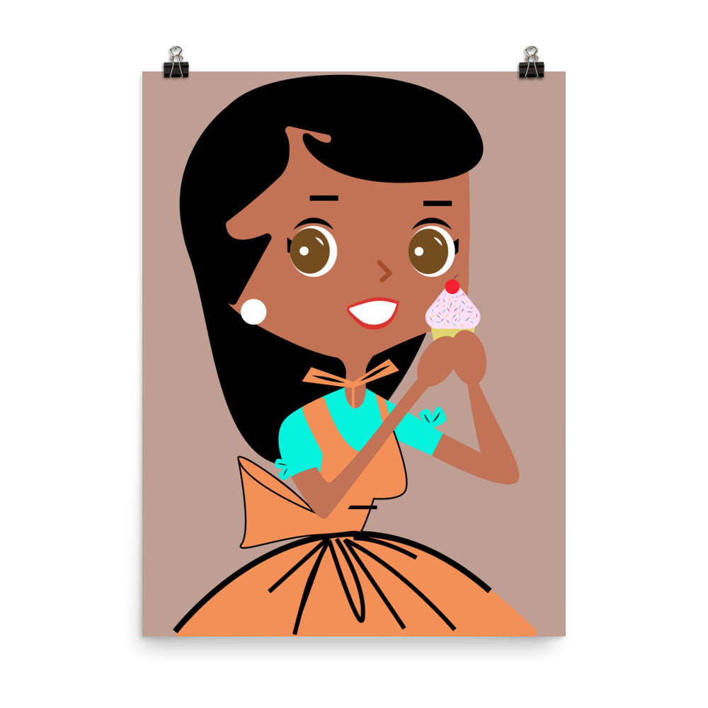 18” x 24” Vintage Inspired, Digitally Illustrated Character Art, Cupcake Clara “Bite Me!”, Retro Poster