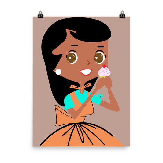 18” x 24” Vintage Inspired, Digitally Illustrated Character Art, Cupcake Clara “Bite Me!”, Retro Poster