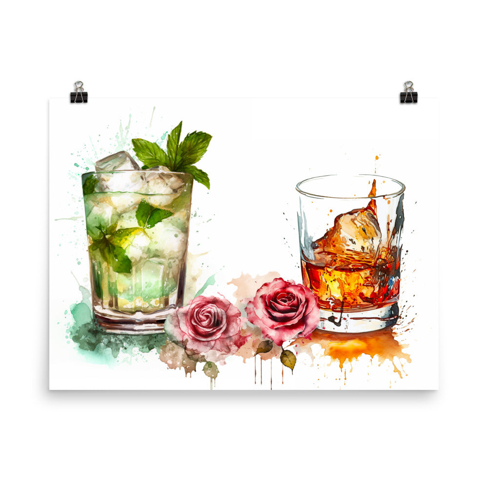 18” x 24” Kentucky Derby Horse Racing, Run For the Roses, Mint Julep and Bourbon, A.I. Generated, Digitally Created, Watercolor Painting, Poster Collage Art