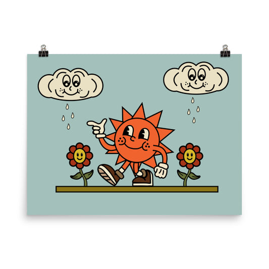 18”x24” Retro Fun Gardening Poster with Happy Sun and Flowers and Cheerful Rain Clouds