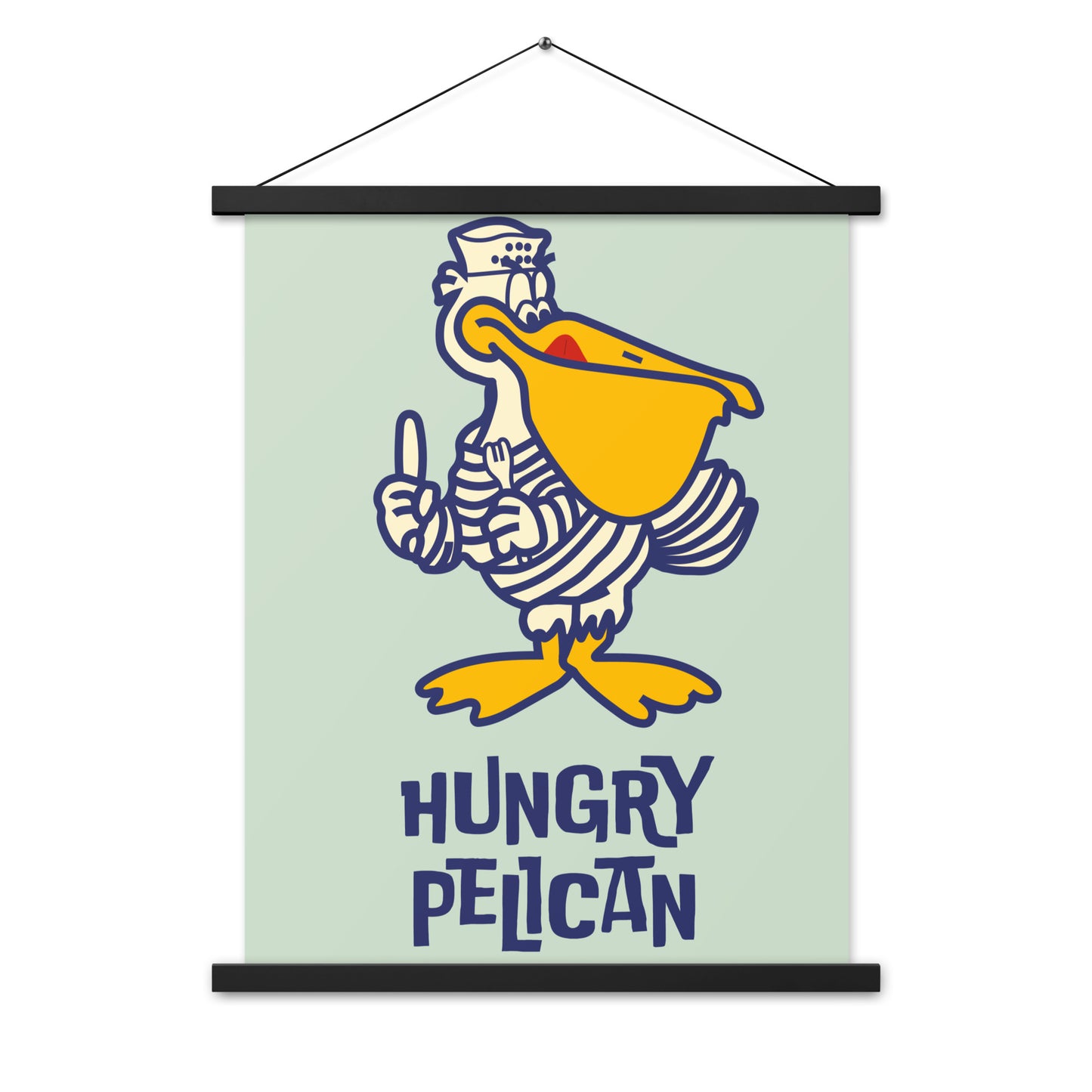 18” x 24” Vintage Inspired, Digitally Illustrated Matchbook Cover Art, The Hungry Pelican Restaurant, Retro Poster with Wooden Hanger