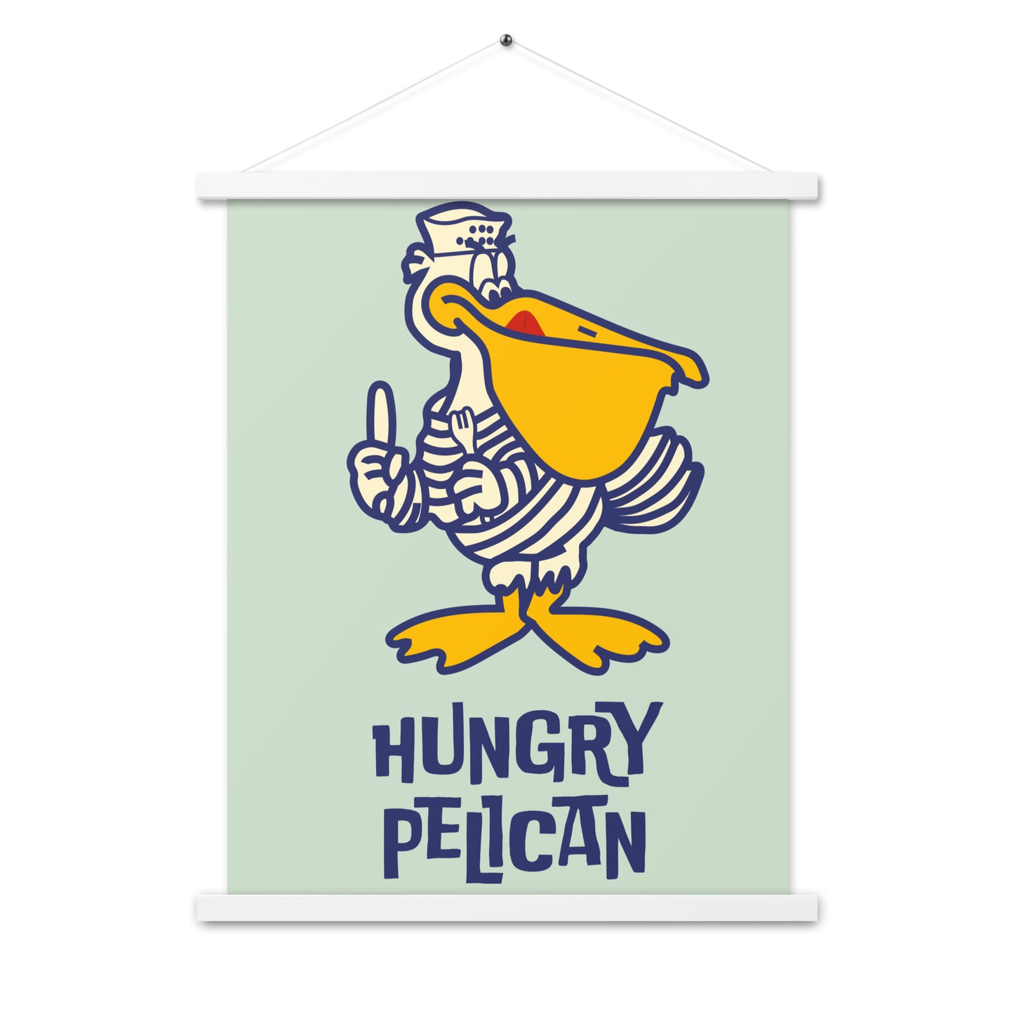 18” x 24” Vintage Inspired, Digitally Illustrated Matchbook Cover Art, The Hungry Pelican Restaurant, Retro Poster with Wooden Hanger