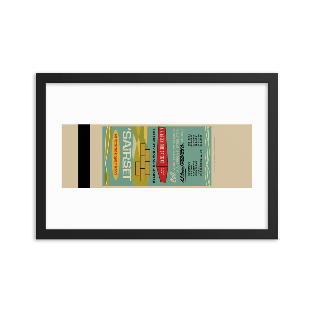 12” x 18” Vintage Inspired, Digitally Illustrated Matchbook Art, A.P. Green Firebrick Co., Ohio, Retro Poster with Frame