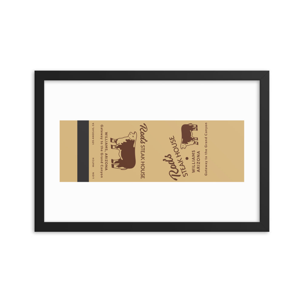 12” x 18” Vintage Inspired, Digitally Illustrated Matchbook Art, Rod’s Steakhouse, Williams, Arizona, Retro Poster with Frame