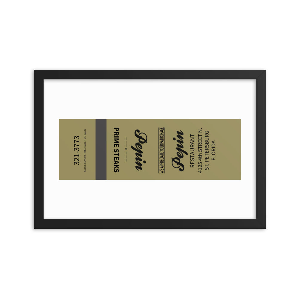12” x 18” Vintage Inspired, Digitally Illustrated Matchbook Art, Pepin Restaurant, St. Petersburg, Florida, Retro Poster with Frame