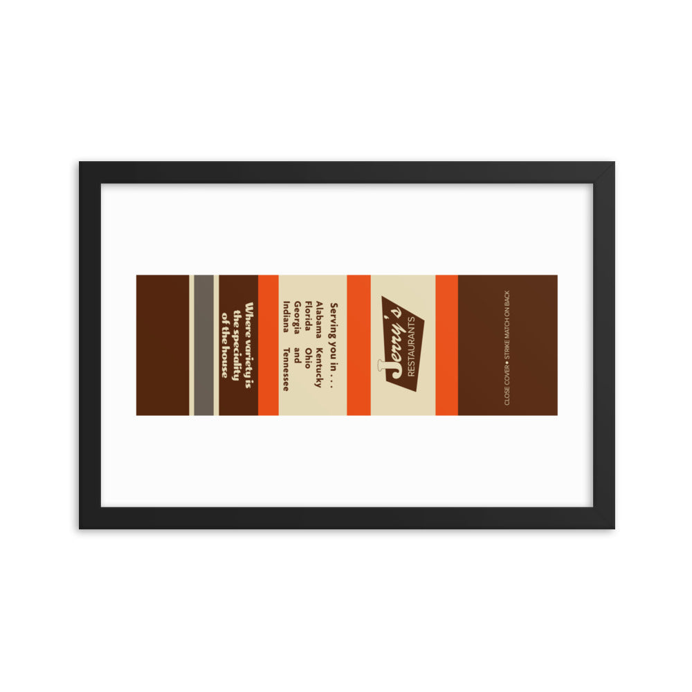 12” x 18” Vintage Inspired, Digitally Illustrated Matchbook Art, Jerry’s Restaurants, Retro Poster with Frame