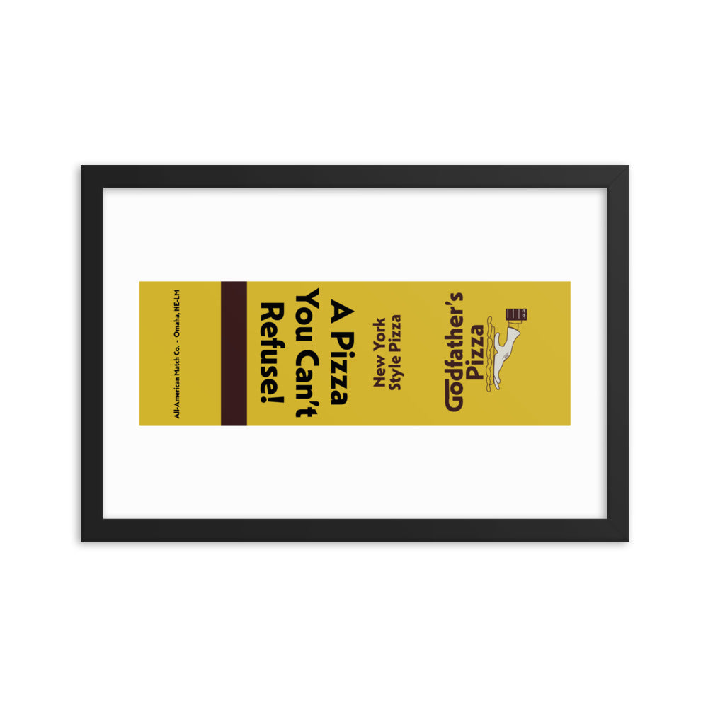 12” x 18” Vintage Inspired, Digitally Illustrated Matchbook Art, Godfather’s Pizza, Retro Poster with Frame