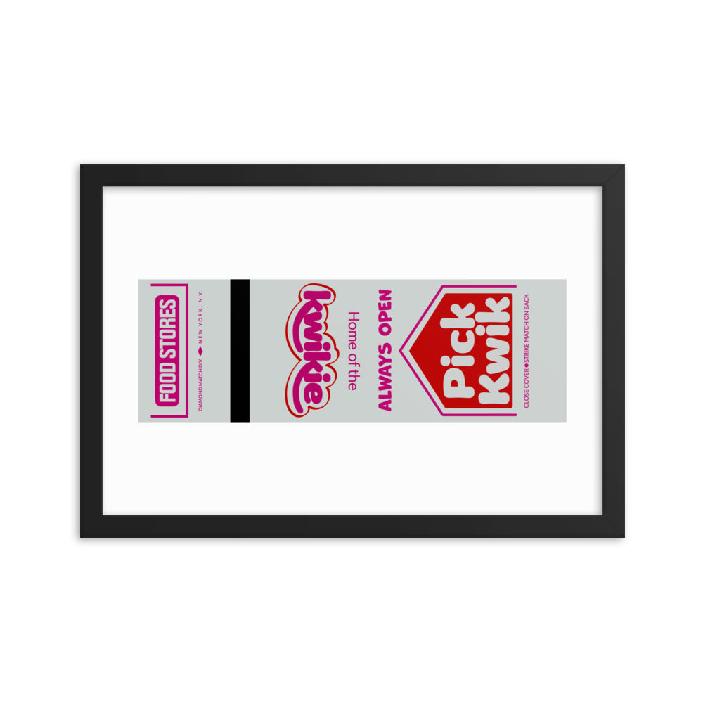12” x 18” Vintage Inspired, Digitally Illustrated Matchbook Art, Pick Kwick, Home of the Kwickie, Retro Poster with Frame