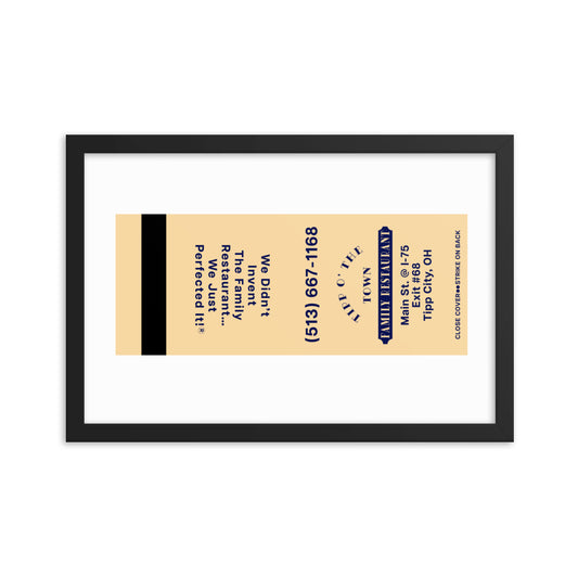 12” x 18” Vintage Inspired, Digitally Illustrated Matchbook Art, Tipp O’ The Town, Family Restaurant, Tipp City, Ohio, Retro Poster with Frame