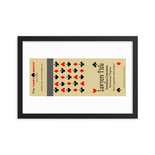 12” x 18” Vintage Inspired, Digitally Illustrated Matchbook Art, Lawyers Title Matchbook, Rennie’s Advertising Ideas, Richmond, Virginia, Retro Poster with Frame