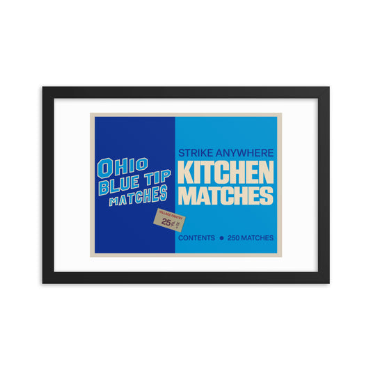 12” x 18” Vintage Inspired, Digitally Illustrated Matchbook Art, Ohio Blue Tip Matchbook Label with Village Pantry Price Tag, Retro Poster with Frame