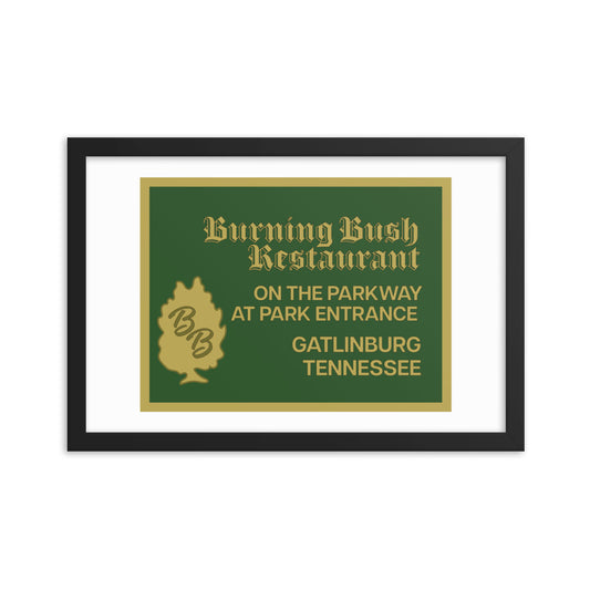 12” x 18” Vintage Inspired, Digitally Illustrated Matchbook Art, Burning Bush Restaurant, Gatlinburg, Tennessee, Retro Poster with Frame