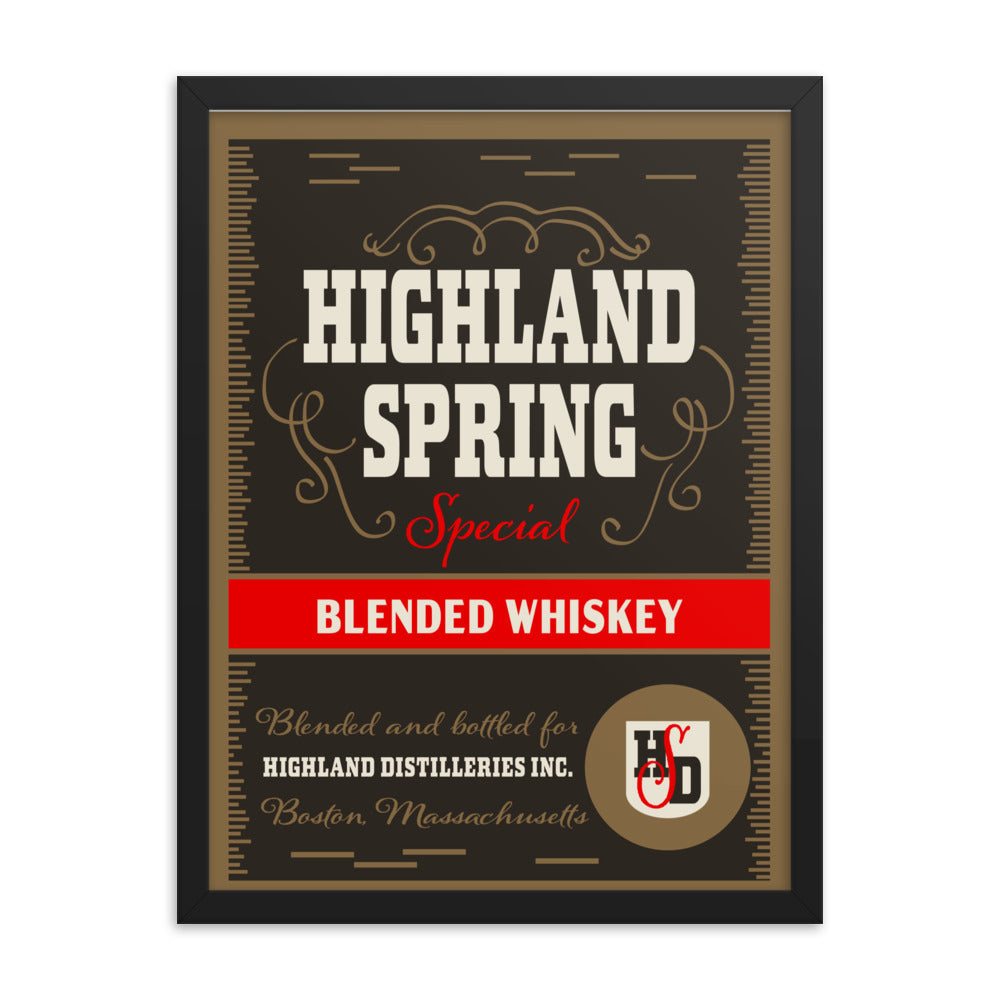 18” x 24” Vintage Inspired, Digitally Illustrated Product Label Art, Highland Springs Distilleries Special Blended Whiskey, Boston, Massachusetts, Framed Fine Art Print
