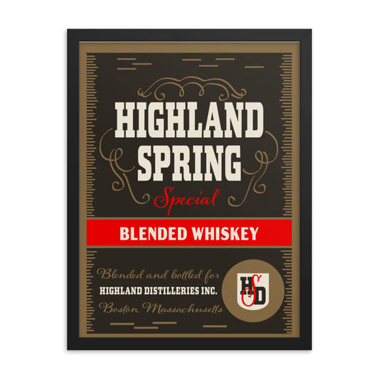 18” x 24” Vintage Inspired, Digitally Illustrated Product Label Art, Highland Springs Distilleries Special Blended Whiskey, Boston, Massachusetts, Framed Fine Art Print