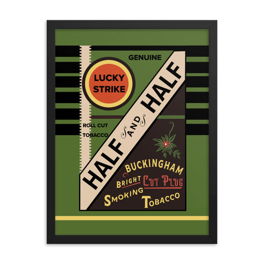 18” x 24” Vintage Inspired, Digitally Illustrated Label Art, Lucky Strike Half and Half Smoking Tobacco, Framed Poster Print