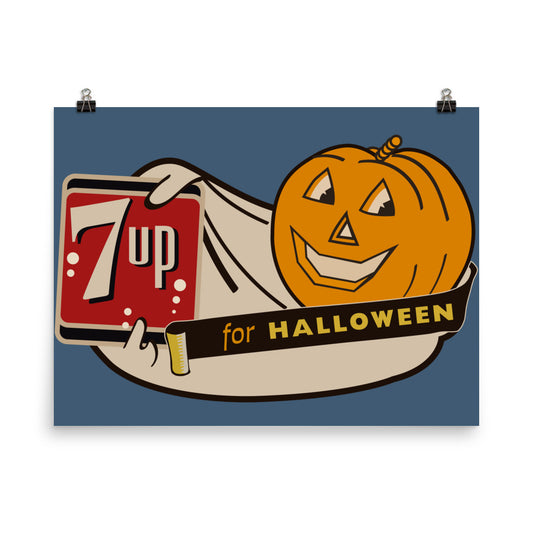 18” x 24” Vintage Inspired, Digitally Illustrated Product Advertisement Art, 7-UP Soda for Halloween, Retro Poster