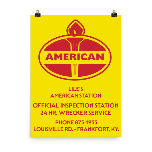 18” x 24” Vintage Inspired, Digitally Illustrated Advertisement Art, Lile’s American Gas Station, Frankfort, Kentucky, Retro Poster