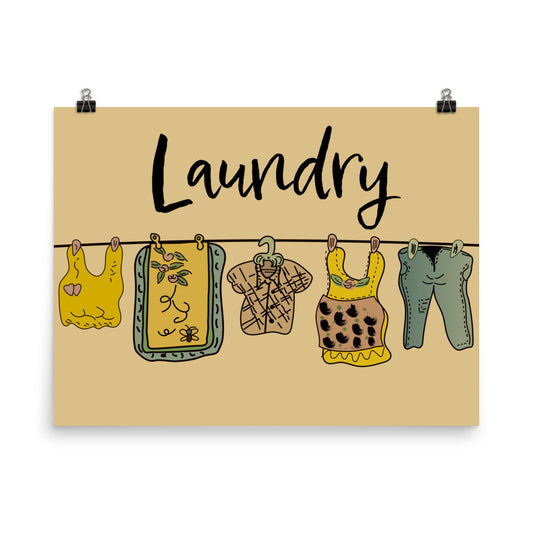 18” x 24” Vintage Inspired, Digitally Illustrated Art, Laundry Clothesline, Retro Poster