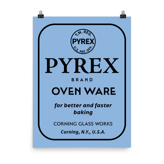 18” x 24” Vintage Inspired, Digitally Illustrated Product Label, Pyrex, Corning Glassworks, Corning, New York, Retro Poster, Blue