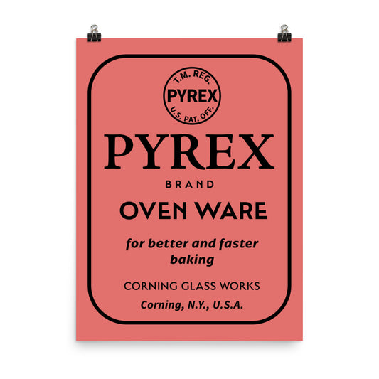 18” x 24” Vintage Inspired, Digitally Illustrated Product Label, Pyrex, Corning Glassworks, Corning, New York, Retro Poster, Coral