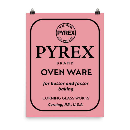 18” x 24” Vintage Inspired, Digitally Illustrated Product Label, Pyrex, Corning Glassworks, Corning, New York, Retro Poster, Pink