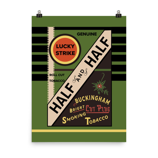 18” x 24” Vintage Inspired, Digitally Illustrated Product Label Art, Lucky Strike, Half & Half Pipe Tobacco, Retro Poster