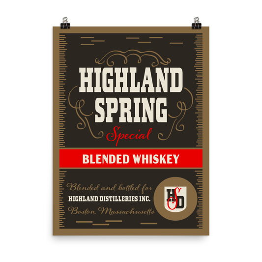 18” x 24” Vintage Inspired, Digitally Illustrated Product Label Art, Highland Springs Distillery Inc. Boston, Massachusetts, Retro Poster