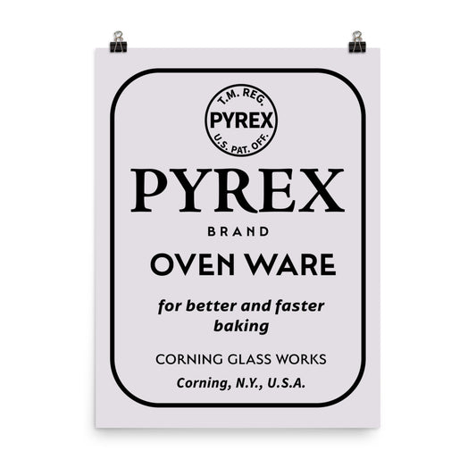 18” x 24” Vintage Inspired, Digitally Illustrated Product Label, Pyrex, Corning Glassworks, Corning, New York, Retro Poster, Light Gray