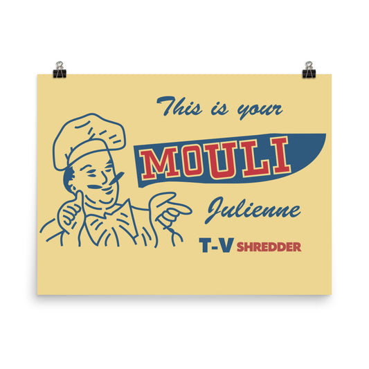 18” x 24” Vintage Inspired, Digitally Illustrated Product Label Art, Mouli Julienne TV Shredder, Retro Poster