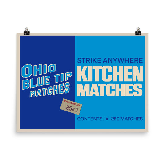 18” x 24” Vintage Inspired, Digitally Illustrated Matchbook Art, Ohio Blue Tip Matchbook Label with Village Pantry Price Tag, Retro Poster