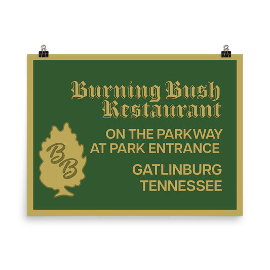 18” x 24” Vintage Inspired, Digitally Illustrated Matchbook Art, Burning Bush Restaurant, Gatlinburg, Tennessee, Retro Poster