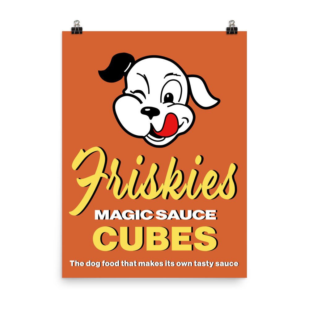 18” x 24” Vintage Inspired, Digitally Illustrated Product Label Art, Friskies Magic Sauce Cubes Dog Food Deluxe Meal, Retro Poster