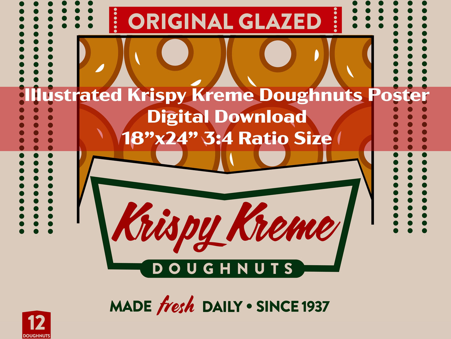 Krispy Kreme Doughnuts Illustrated Poster Digital Download 18”x24” 3:4 Ratio