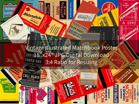 Vintage Illustrated Matchbook Collage Poster-Digital Download-18”x24”, 3:4 Ratio