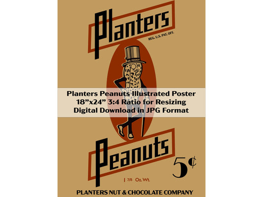 Vintage Planters Peanuts Illustrated Poster 18”x24” JPG File 3:4 Ratio