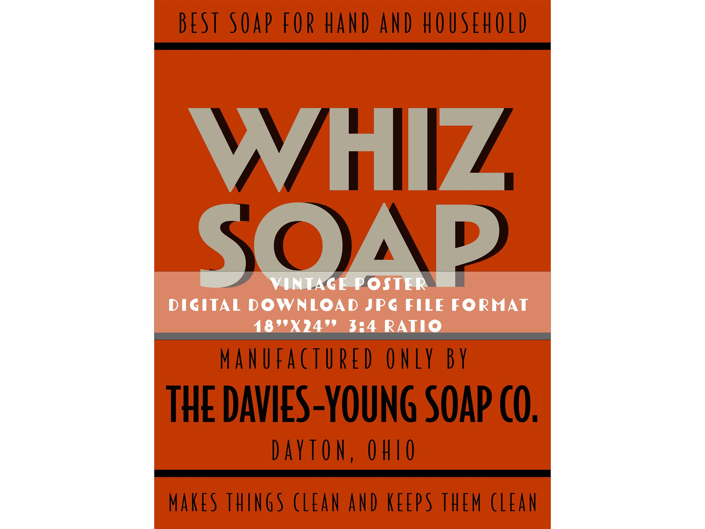 Vintage WHIZ Soap Poster, Digital Download Illustration, JPG File Format