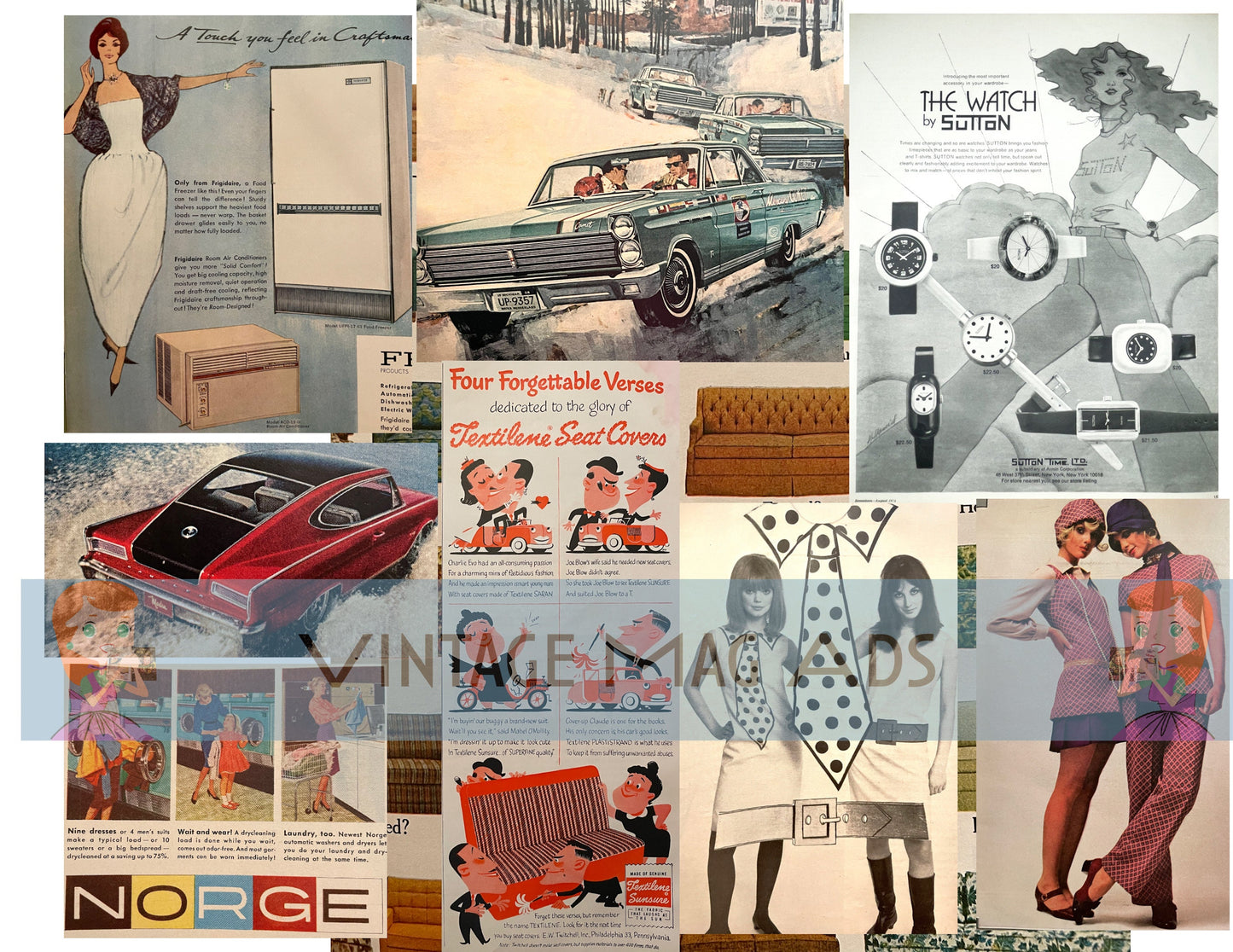 Vintage Magazine Advertisements Collage Sheet Midcentury Retro Fashion