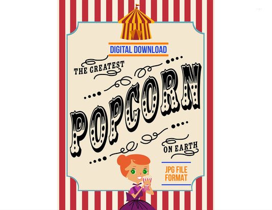 Vintage Redhead Popcorn Poster Digital Download Illustration JPEG File Format