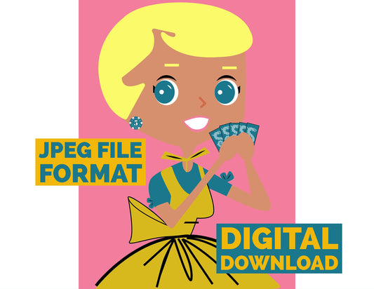 Digital Poster Download Vintage Poker Housewife with Playing Cards Jpeg File Format