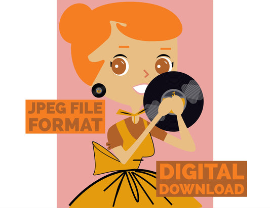 Digital Poster Download Vintage Housewife with Music Record Jpeg File Format